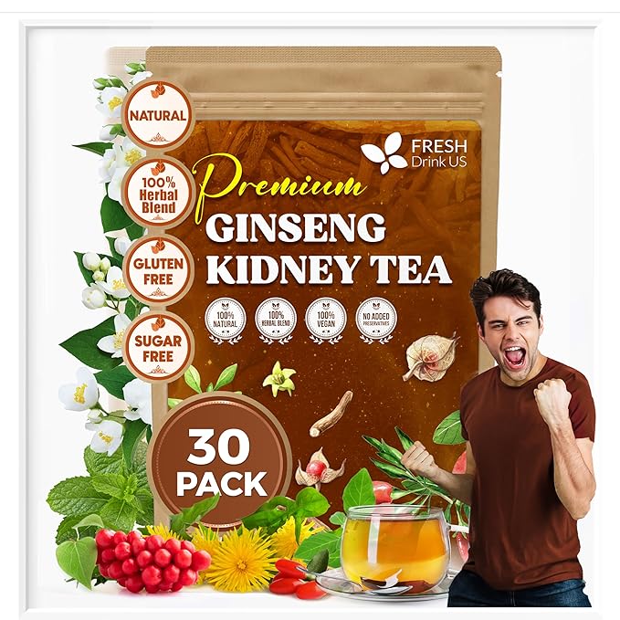 Ginseng 6 Treasures Kidney Tea, Super Kidney Cleanse Detox Tea For Men & Women, 100% Natural Roots & Berries | Caffeine-Free | Adaptogenic Blend for Energy, Wellness & Vitality Support