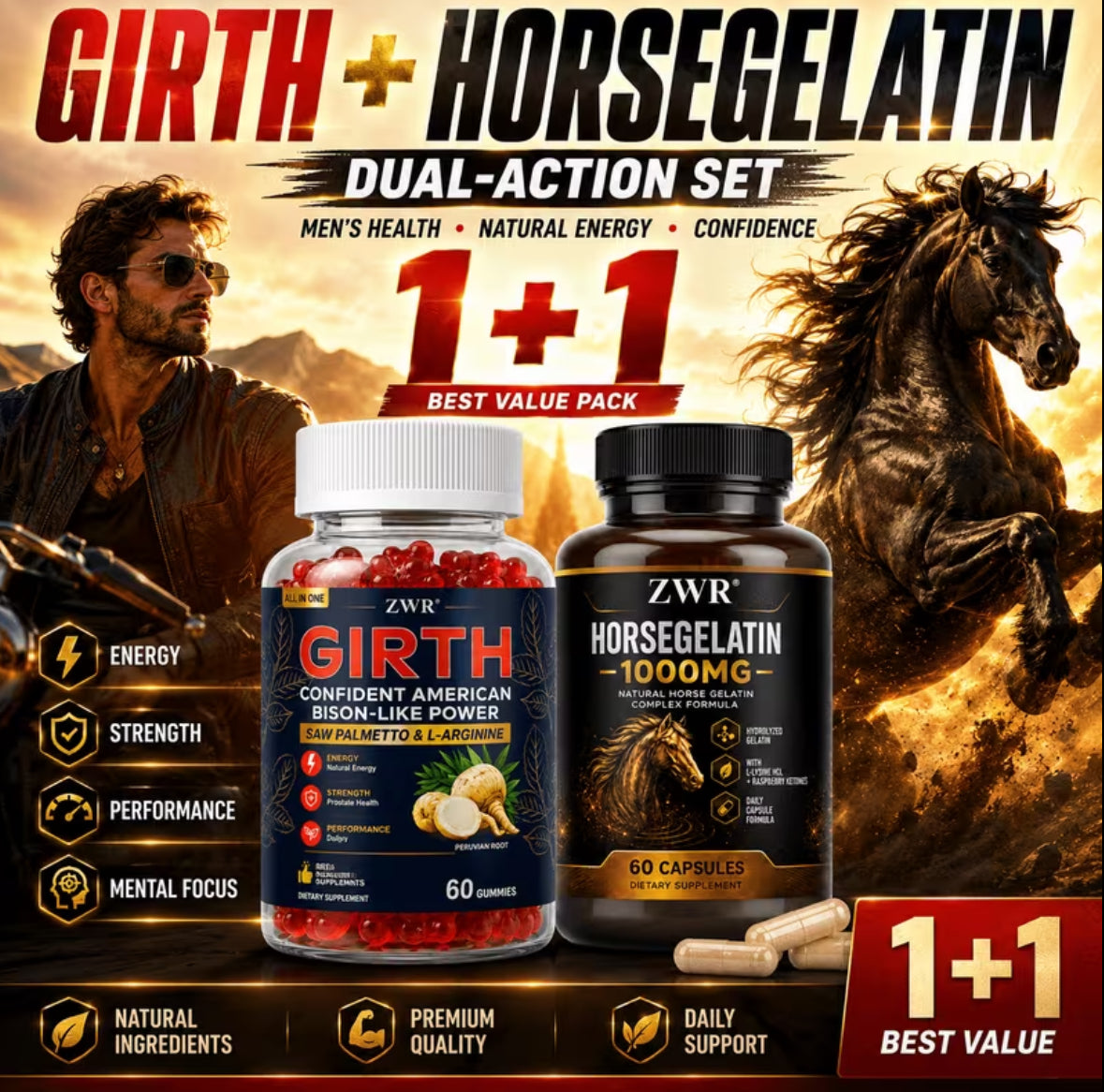 Girth Gummies And Horse Gelatin Capsules 1+1 Men'S Botanical Set