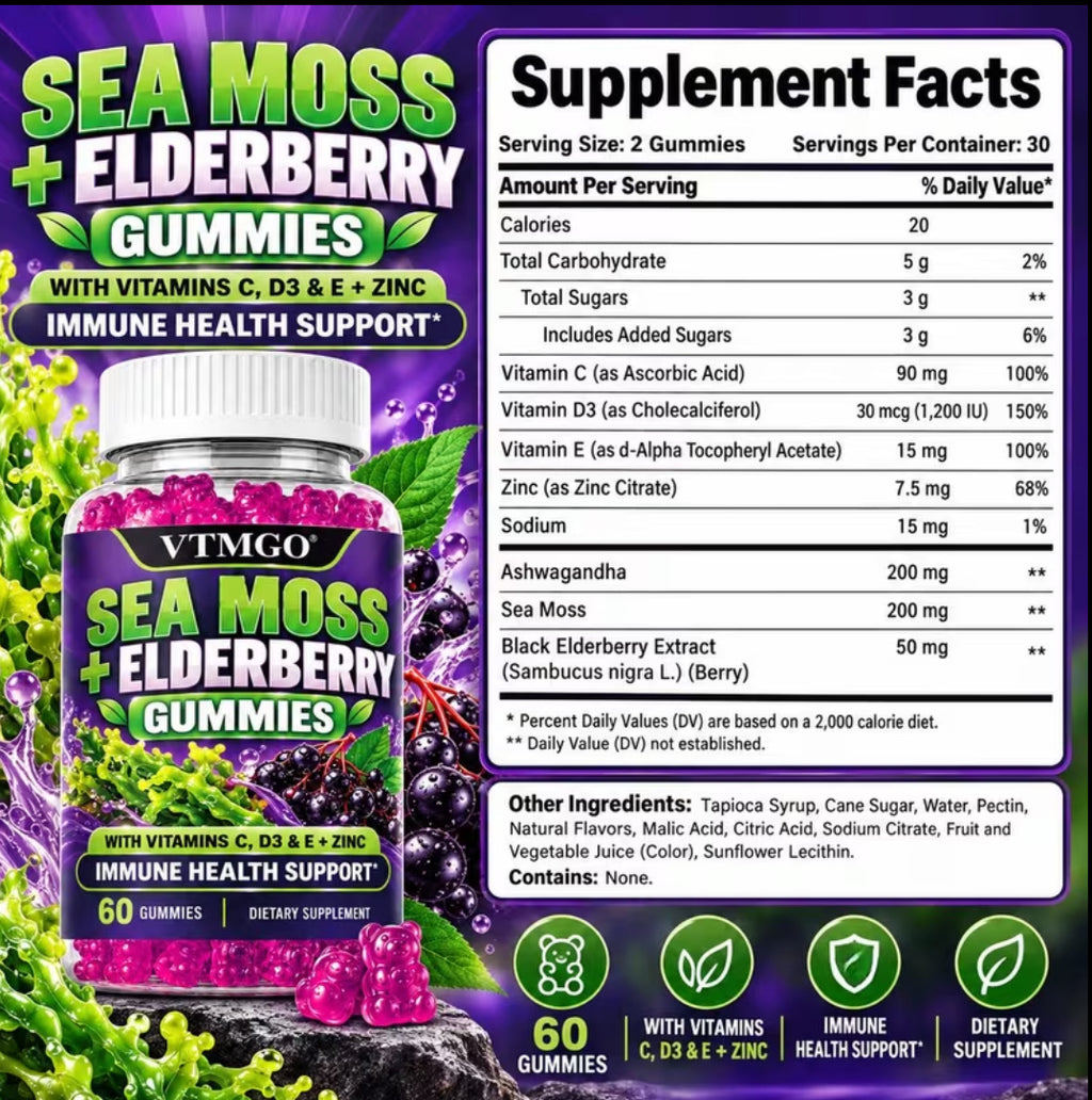 2 Bottles Sea Moss And Elderberry Gummies