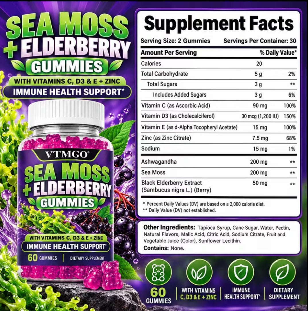 2 Bottles Sea Moss And Elderberry Gummies