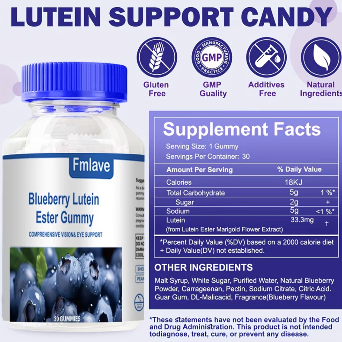 Lutein 30 Day Supply-Blueberry Lutein Eye Vitamins Gummies