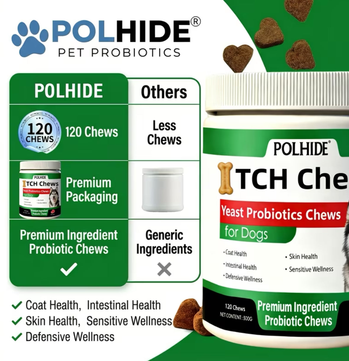 Heart-Shaped, 120 Grains Yeast Soft Probiotic Chews for Dogs