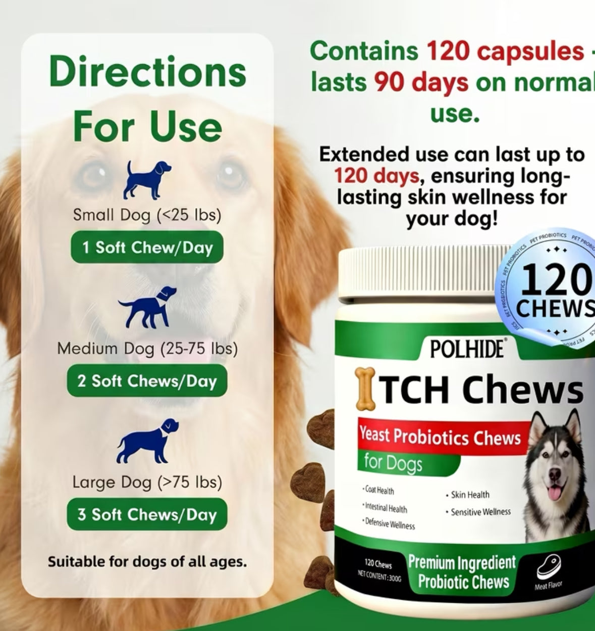 Heart-Shaped, 120 Grains Yeast Soft Probiotic Chews for Dogs