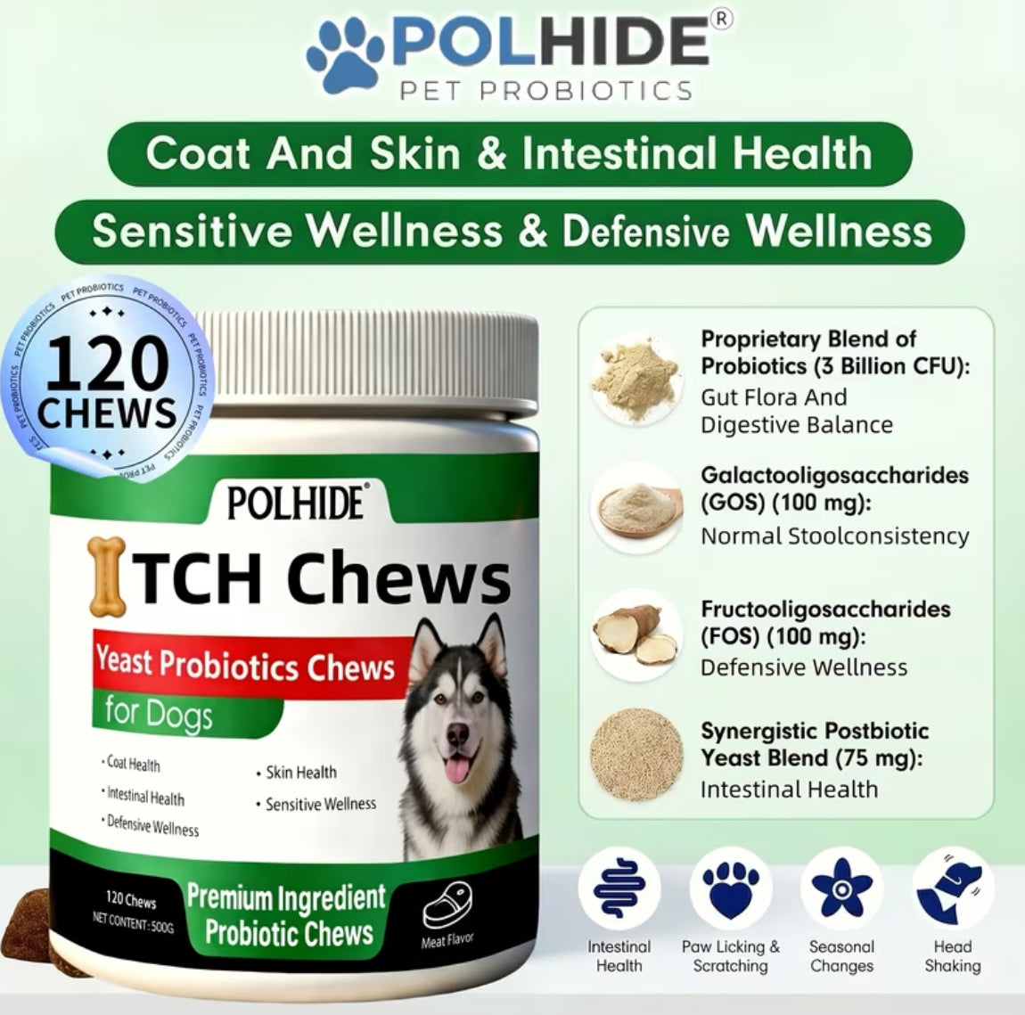 Heart-Shaped, 120 Grains Yeast Soft Probiotic Chews for Dogs