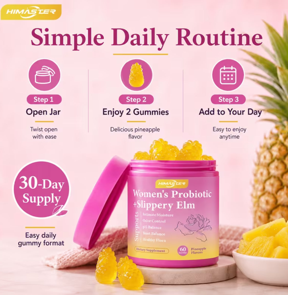 HIMASTER Probiotic Gummies for Women with Slippery Elm & Prebiotics