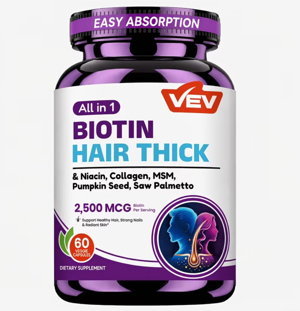 Biotin Hair Vitamins with Collagen, Saw Palmetto, MSM & Pumpkin Seed - Hair, Skin & Nails Supplement for Women & Men - 60 Veggie Capsules, Easy Absorption