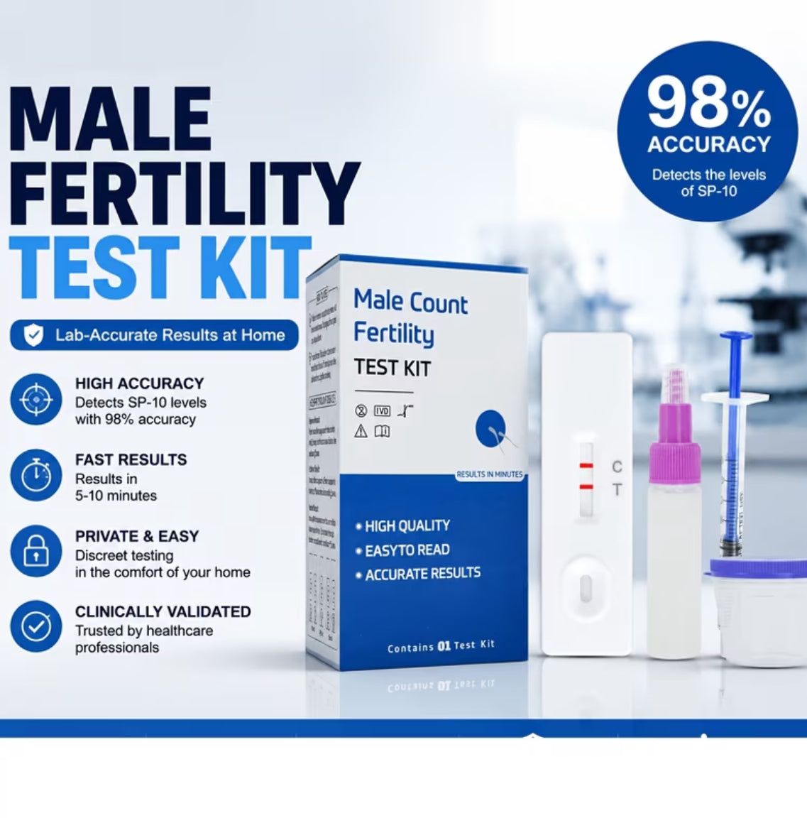 Male Fertility Test Kit for Home Use, 98% Accurate SP-10 Test, Fast Results in 5-10 Min, Private Discreet At-Home Male Health Testing Kit